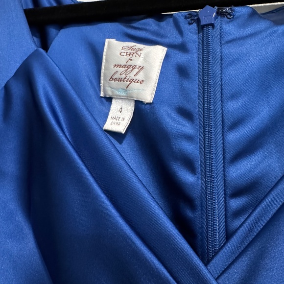 Suzi Chin for Maggy Boutique Blue Satin Ruched Cocktail Dress – Size 4 - Picture 4 of 5